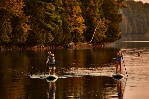 paddle boarders at sunset